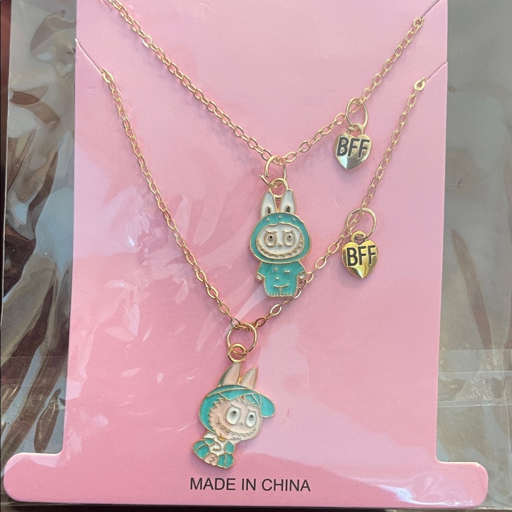 Cartoon monsters Labubu Gold toned BFF best friends set of two Necklaces